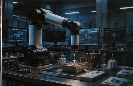 Laboratory environment with a robotic arm working on a workbench