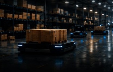 A closer look at the warehouse environment's foreground pallet and autonomous mobile robot, with a simulation overlay showing a bounding box, a physics collider, a navigation path, and a semantic label
