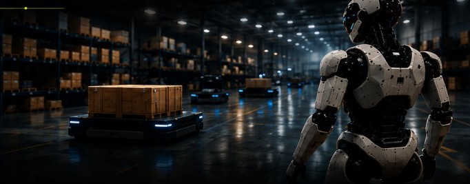A warehouse environment with autonomous mobile robots moving pallets, viewed from behind a humanoid robot surveying the space
